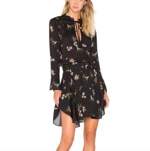 ALC Silk Black Floral Mini Black Belted Dress Size 4 Small
